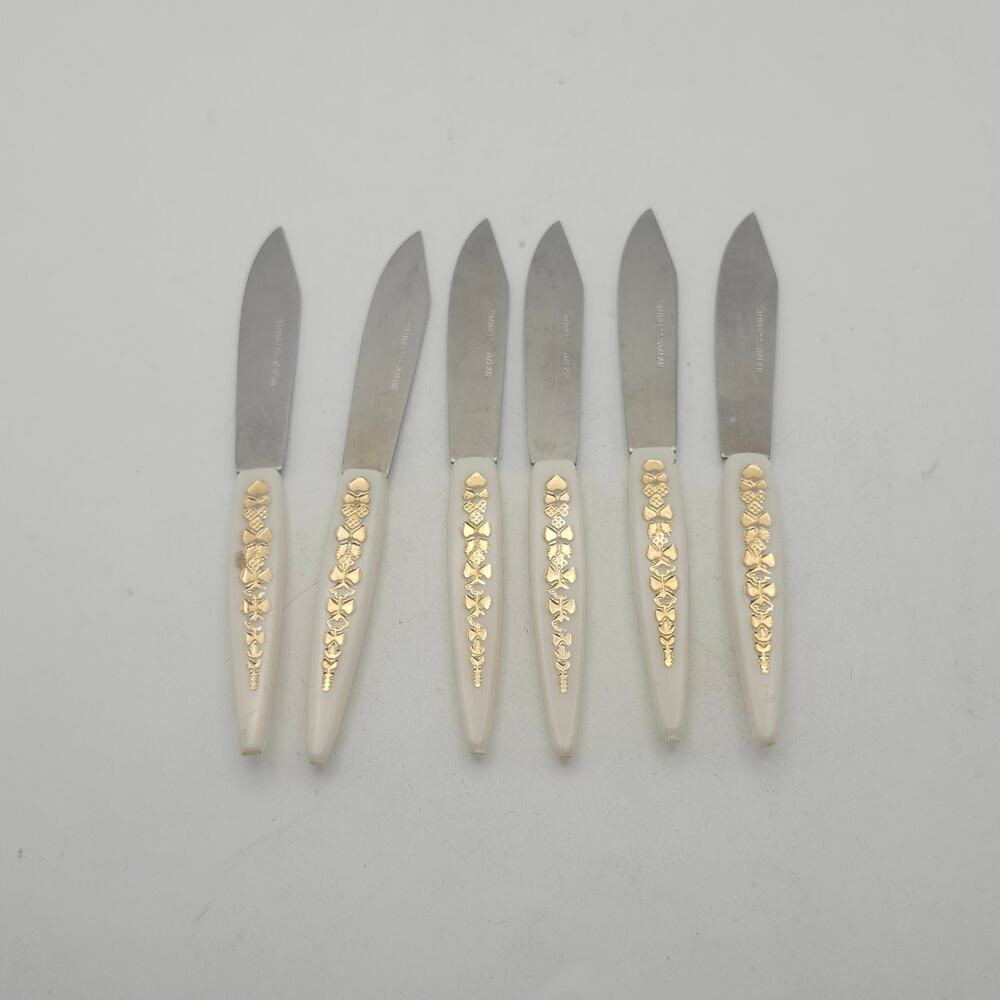 Vintage 6 Mini Cocktail Appetizer‎ Knives Japan Cream Gold Floral MCM Stainless